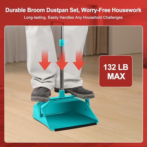 Tiumso Upgrade Broom with Dustpan Combo Set, Broom and Dustpan Set with 51'' Long Handle, Large Upright Brooms and Dust Pans, ZeroGap Lip, Self-Cleaning Dustpan Teeth for Lobby and Restaurant - Blue - Image 2