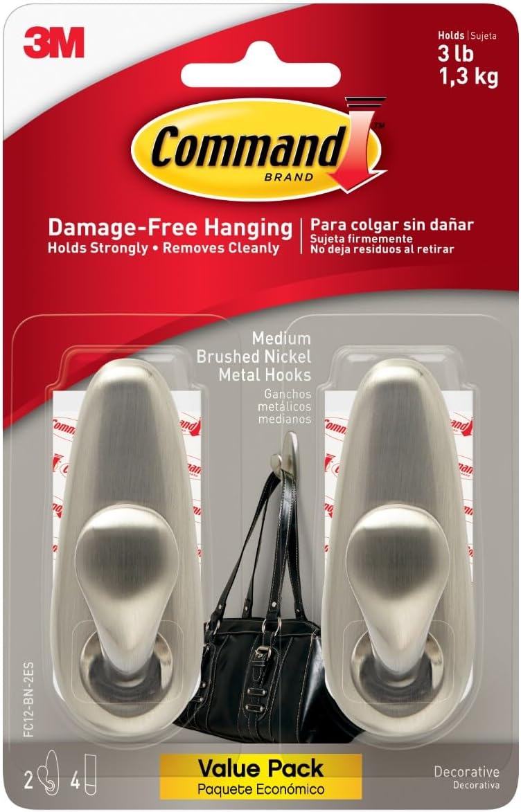 Command Medium Brushed Nickel Hooks, 2 Wall Hooks and 4 Strips, Damage-Free Hanging with Adhesive, No Tools Hanging Christmas Decorations, Holds up to 3 lb - Image 1