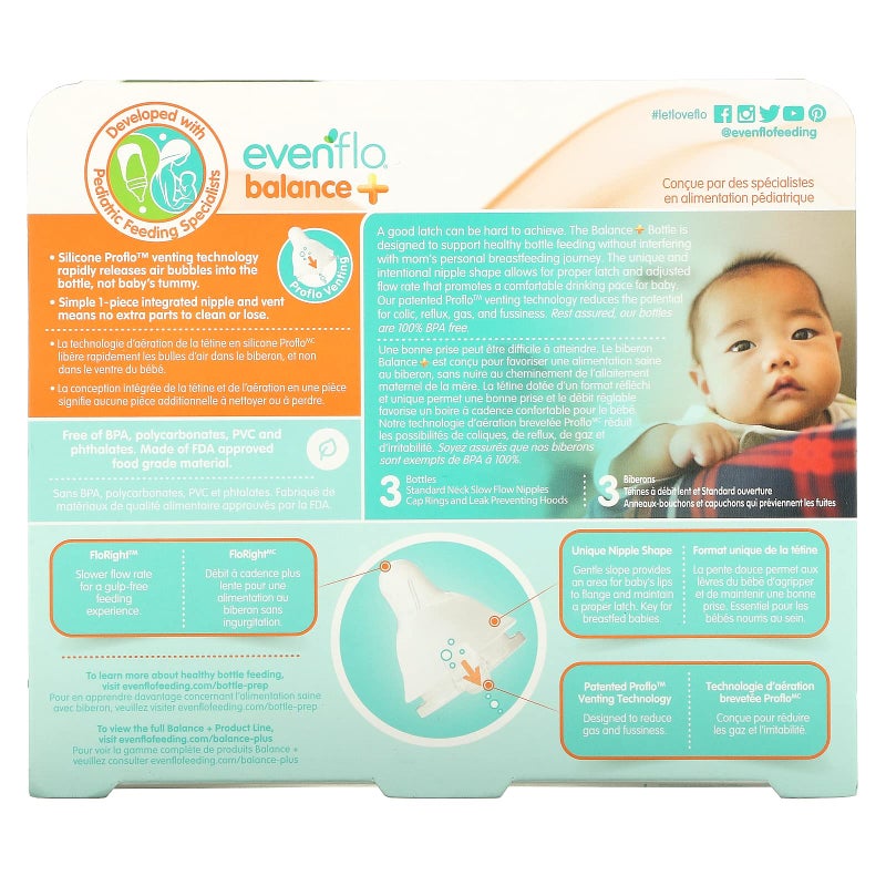Evenflo Feeding زجاجات إيفنفلوب للتغذية Balance+، قياسي، 0+ أشهر، تدفق بطيء، 3 زجاجات، 4 أونصات (120 مل) - Image 2