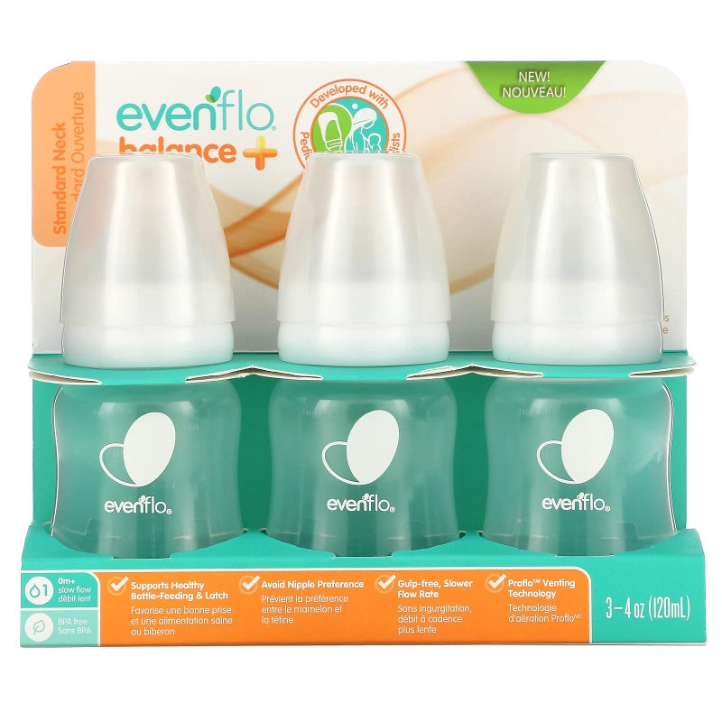 Evenflo Feeding زجاجات إيفنفلوب للتغذية Balance+، قياسي، 0+ أشهر، تدفق بطيء، 3 زجاجات، 4 أونصات (120 مل) - Image 1