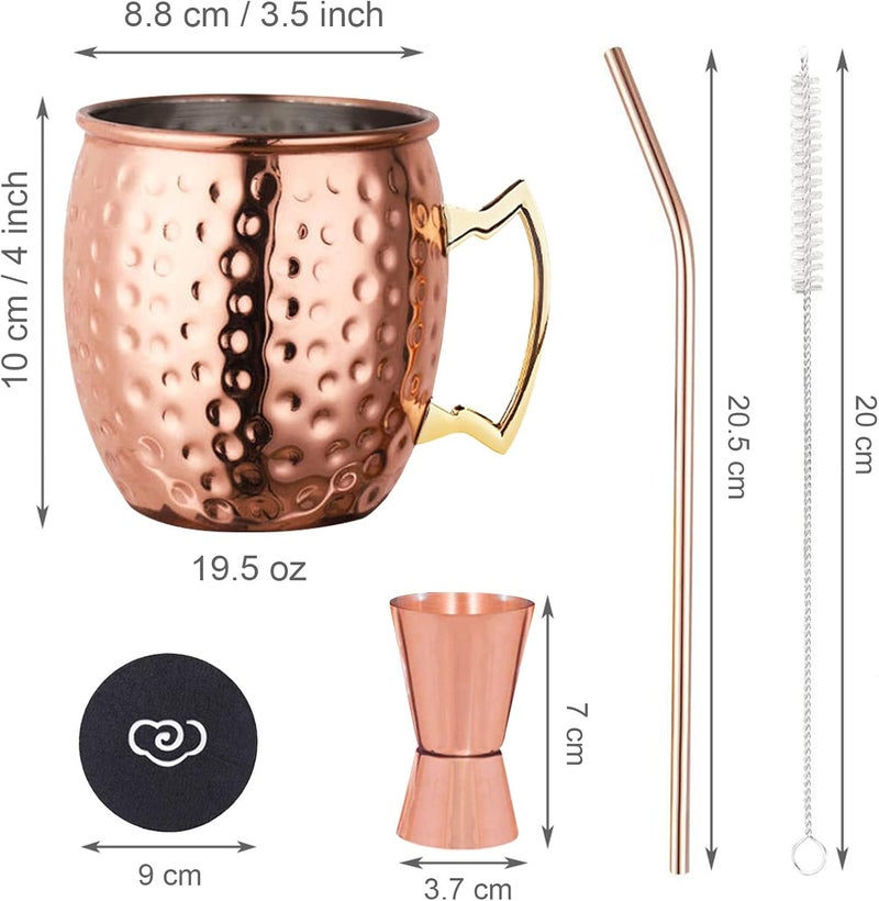 LIVEHITOP Moscow Mule Copper Mugs Set of 2, 19.5 Oz Handcrafted Copper Cups Stainless Steel Lining with Jigger, Straws, Brush, Coasters for Party, Bar, Gift - Image 3