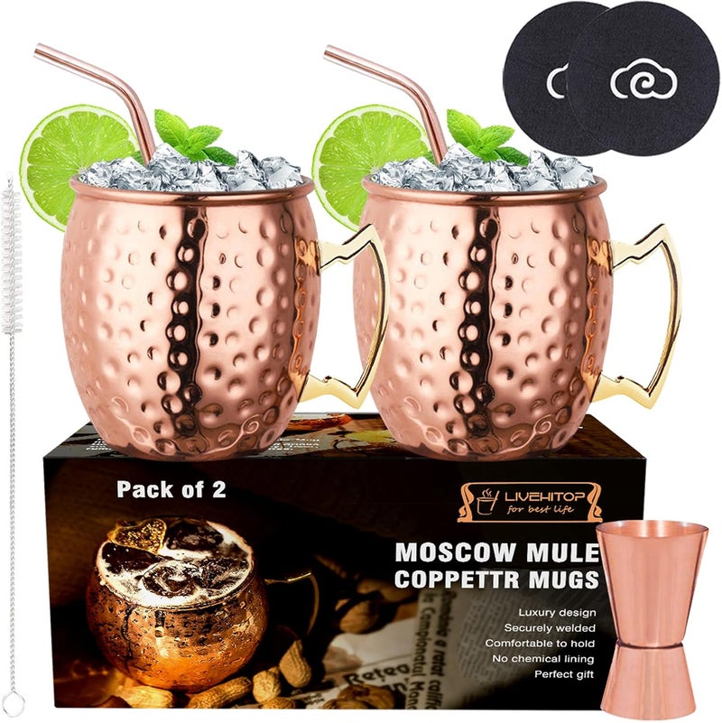 LIVEHITOP Moscow Mule Copper Mugs Set of 2, 19.5 Oz Handcrafted Copper Cups Stainless Steel Lining with Jigger, Straws, Brush, Coasters for Party, Bar, Gift - Image 1