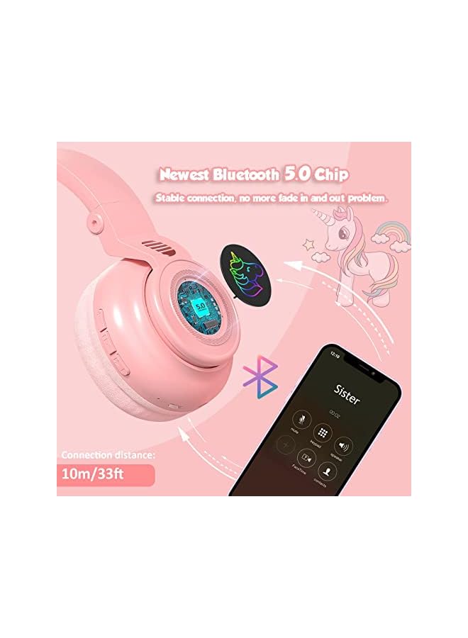 KASTWAVE Unicorn Headphones Bluetooth Foldable Headphones Stero With Microphone And Volume Control Light Up For Pc Cell Phones Tv Ipad Boys Girls Kids Pink - Image 3