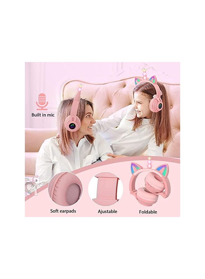 KASTWAVE Unicorn Headphones Bluetooth Foldable Headphones Stero With Microphone And Volume Control Light Up For Pc Cell Phones Tv Ipad Boys Girls Kids Pink - Image 4