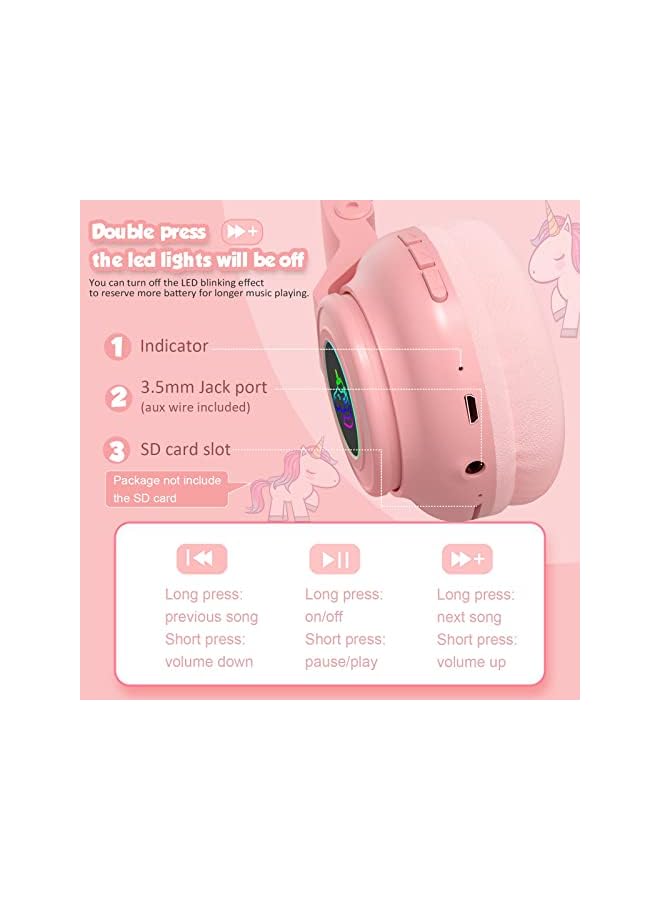 KASTWAVE Unicorn Headphones Bluetooth Foldable Headphones Stero With Microphone And Volume Control Light Up For Pc Cell Phones Tv Ipad Boys Girls Kids Pink - Image 2
