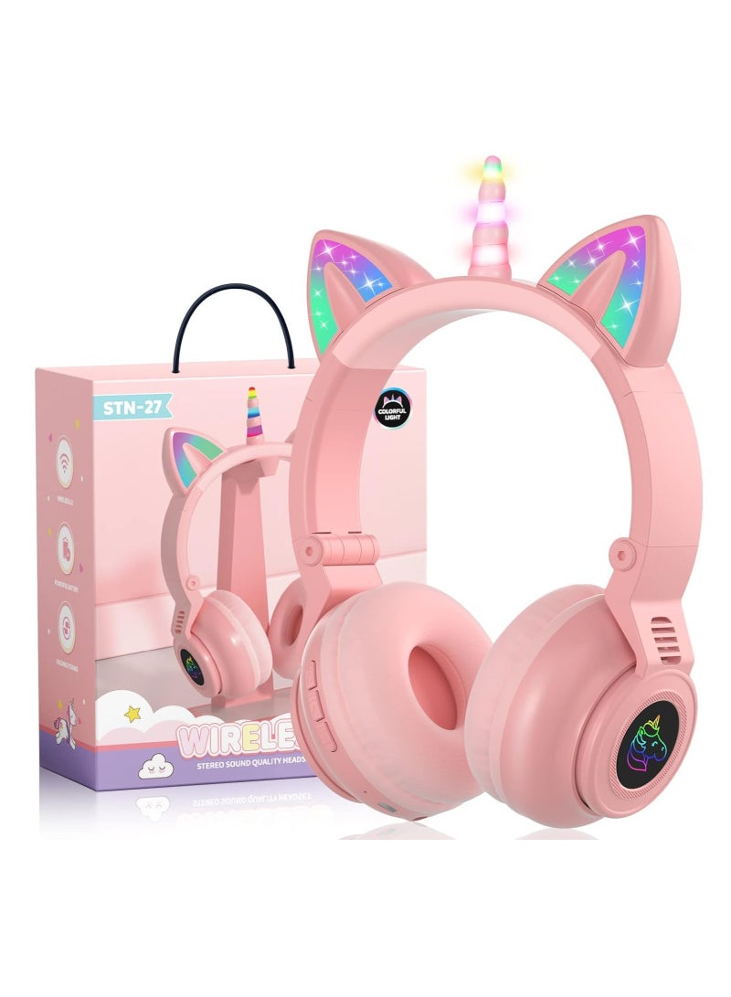 KASTWAVE Unicorn Headphones Bluetooth Foldable Headphones Stero With Microphone And Volume Control Light Up For Pc Cell Phones Tv Ipad Boys Girls Kids Pink - Image 1