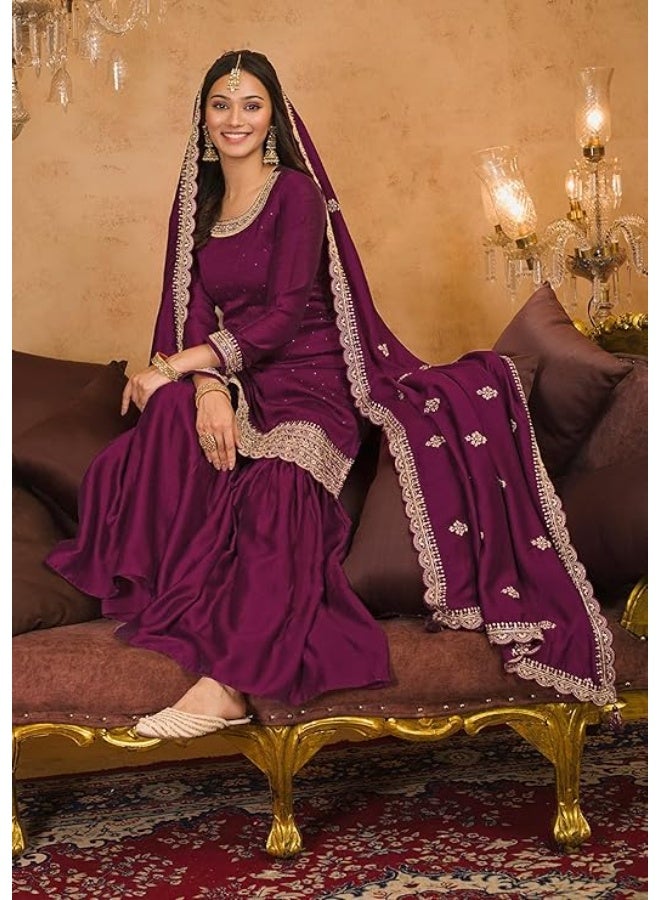 TRENDMALLS 3XL طقم بدلة نسائية من الحرير الصناعي المطرز بالترتر من تريندمالز، يتكون من كورتة شرارة مطوية مع دوباتا سالوار - Image 2