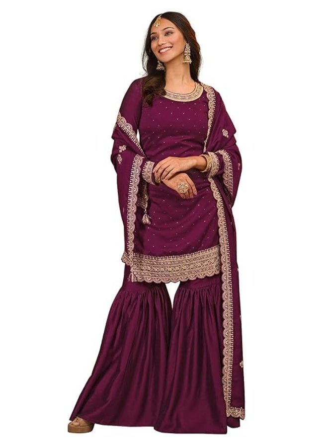 TRENDMALLS 3XL طقم بدلة نسائية من الحرير الصناعي المطرز بالترتر من تريندمالز، يتكون من كورتة شرارة مطوية مع دوباتا سالوار - Image 1