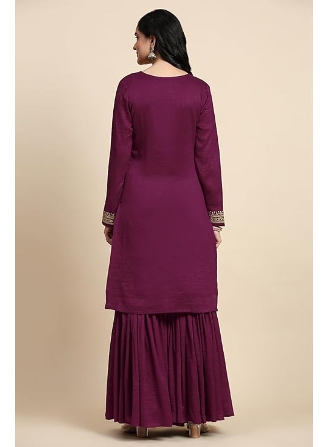 TRENDMALLS 3XL طقم بدلة نسائية من الحرير الصناعي المطرز بالترتر من تريندمالز، يتكون من كورتة شرارة مطوية مع دوباتا سالوار - Image 4