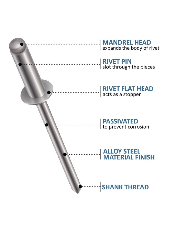 مسامير برشام 4 مم × 14 مم (مجموعة 50 قطعة) – مسامير برشام مخفية برأس قبة، هيكل ألمنيوم مع قضيب فولاذي لتثبيت المعادن والصفائح - Image 3