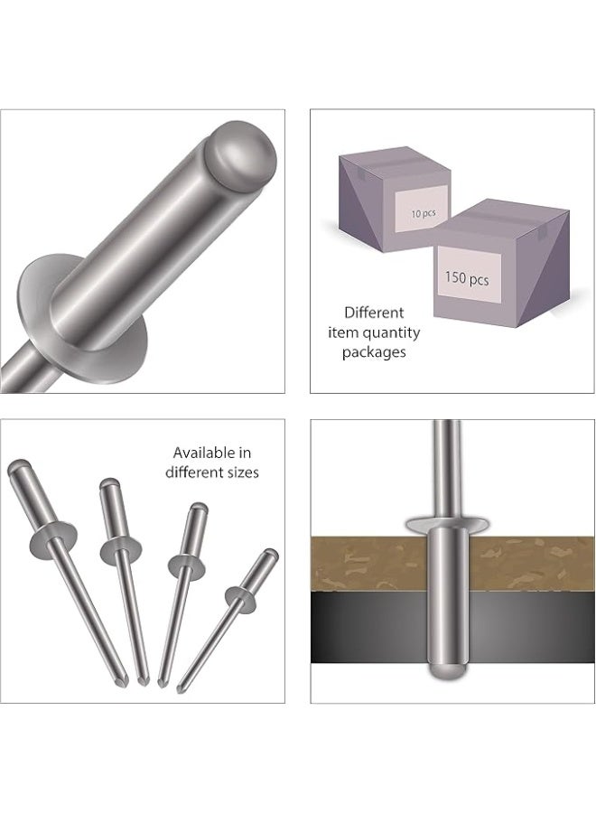 مسامير برشام 4 مم × 14 مم (مجموعة 50 قطعة) – مسامير برشام مخفية برأس قبة، هيكل ألمنيوم مع قضيب فولاذي لتثبيت المعادن والصفائح - Image 2