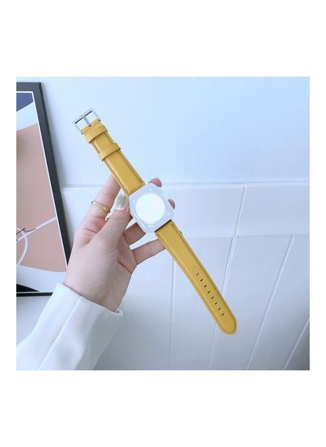 PROMASS - Sewing Thread Lychee Texture Leather Replacement Watchbands For Series 7 45mm/6 & SE & 5 & 4 44mm/3 & 2 & 1 42mm Yellow - Image 1