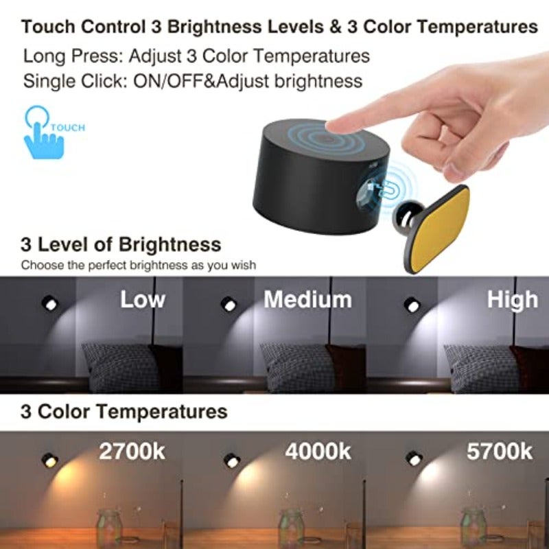 أضواء قراءة LED معلق على الحائط، غمرات بجانب السرير، بثلاث درجات حرارة لون، وثلاث مستويات سطوع، وبطارية قابلة للشحن، وكرات مغناطيسية، تدور 360 درجة، تحكم باللمس، لم يرّك الدراسة، بجانب السرير، الخزانة - Image 2