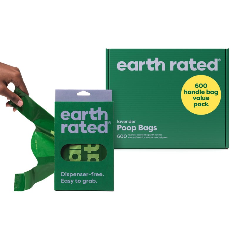 Earth Rated Dog Poop Bags with Handles Value Pack, Easy Tie and Guaranteed Leakproof, Lavender Scented, 600 Handle Bags - Image 1