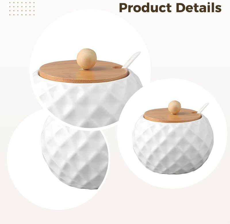 Sugar Bowl With Wooden Lid And Spoon, White Ceramic, Pattern, Spice Jar For Home Kitchen, Salt Container - Image 2