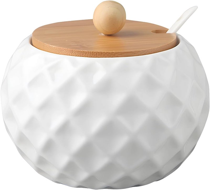 Sugar Bowl With Wooden Lid And Spoon, White Ceramic, Pattern, Spice Jar For Home Kitchen, Salt Container - Image 1