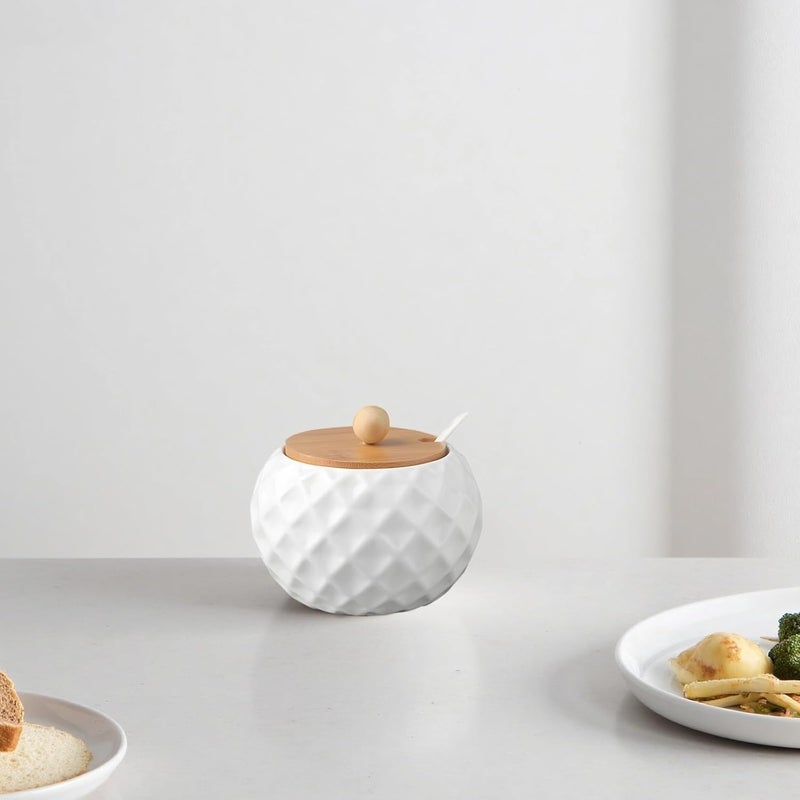 Sugar Bowl With Wooden Lid And Spoon, White Ceramic, Pattern, Spice Jar For Home Kitchen, Salt Container - Image 3
