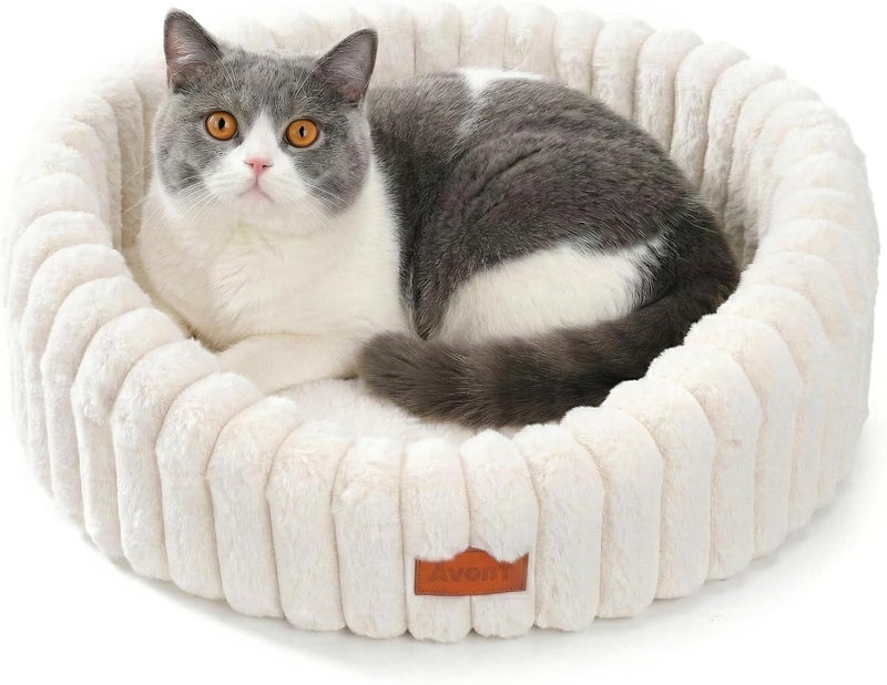 Avont Fluffy Cat Bed, Round Pet Beds for Indoor Cats with Washable Cushion & Non-Slip Bottom, Cozy Sleeping Nest for Kittens & Small Dogs -Cream(M) - Image 1