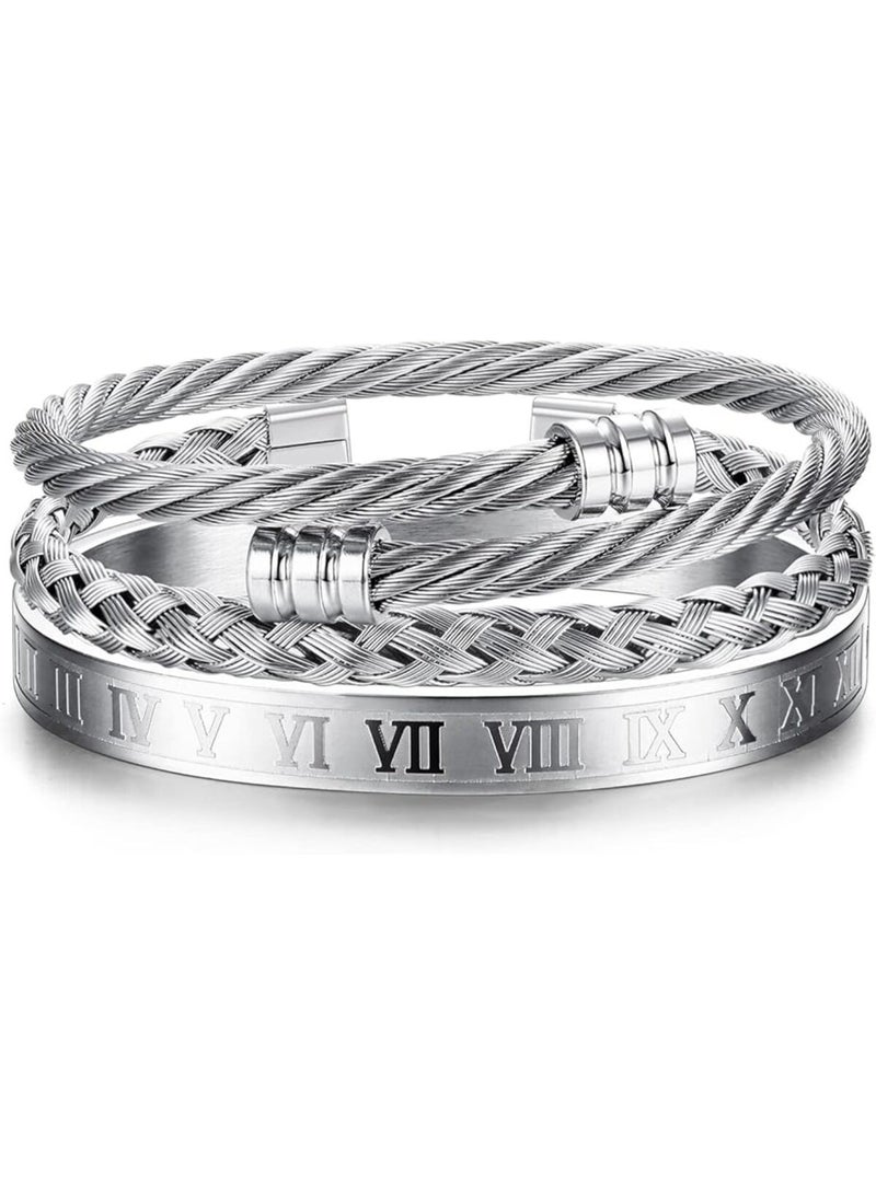 3Pcs Stainless Steel Bracelets for Men Roman Numeral Bangle Bracelet Adjustable Cuff Bracelet Twisted Cable Bracelet Mens Luxury Bracelets Jewelry Gifts for Men - Image 1