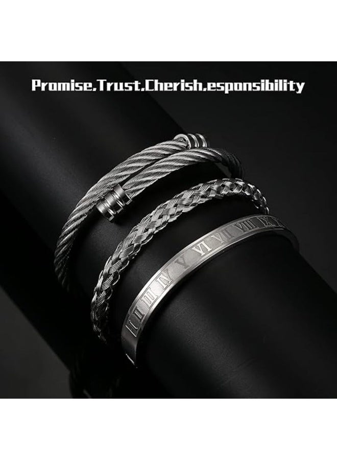 3Pcs Stainless Steel Bracelets for Men Roman Numeral Bangle Bracelet Adjustable Cuff Bracelet Twisted Cable Bracelet Mens Luxury Bracelets Jewelry Gifts for Men - Image 5