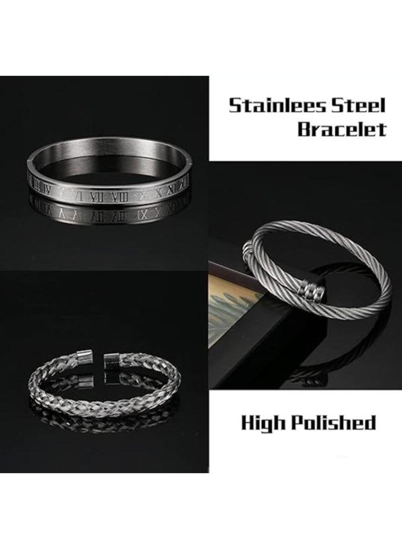 3Pcs Stainless Steel Bracelets for Men Roman Numeral Bangle Bracelet Adjustable Cuff Bracelet Twisted Cable Bracelet Mens Luxury Bracelets Jewelry Gifts for Men - Image 4
