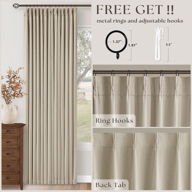 TWODRAPES Oatmeal Pinch Pleated 100% Blackout Linen Curtains 100 Inch Length 2 Panels Pinch Pleat Curtains Black Out Light Blocking Room Darkening Drapes with Liner for Bedroom Living Room Window Cream Beige - Image 4