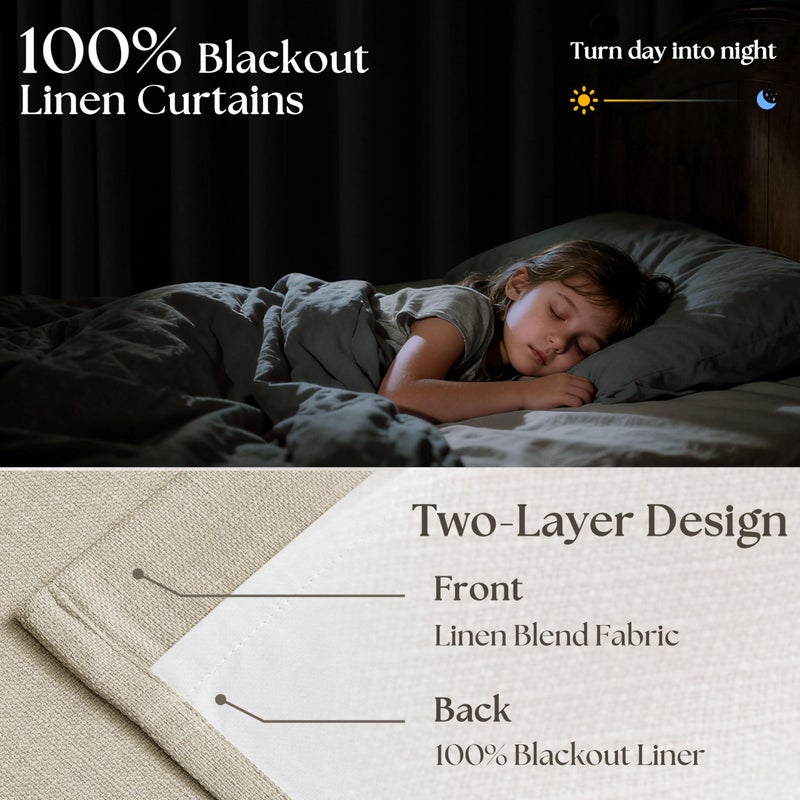 TWODRAPES Oatmeal Pinch Pleated 100% Blackout Linen Curtains 100 Inch Length 2 Panels Pinch Pleat Curtains Black Out Light Blocking Room Darkening Drapes with Liner for Bedroom Living Room Window Cream Beige - Image 3