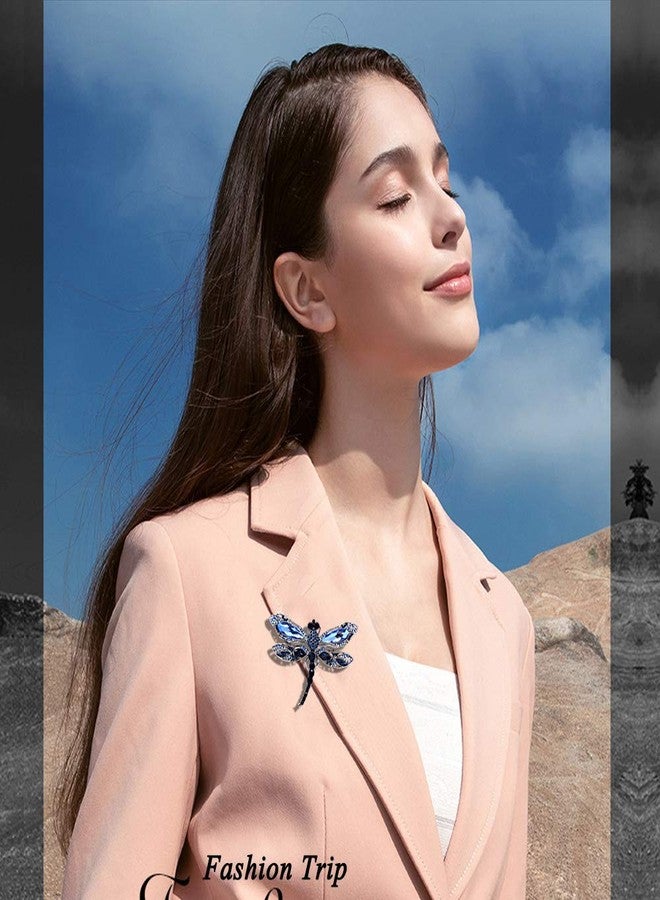 إيثون بروش إيثون على شكل يعسوب مرصع بأحجار الراين الكريستالية، دبوس على شكل حيوانات، مناسب لتزيين ملابس النساء، لون أزرق - Image 3