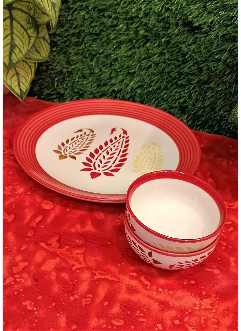 Caffeine - Caffeine Ceramic Stoneware Handmade Red Boota Combo Dinner Set of 8 Hand Painted Ceramic Dinner Plates with katori for Dinner Microwave Dishwasher Safe - Image 1