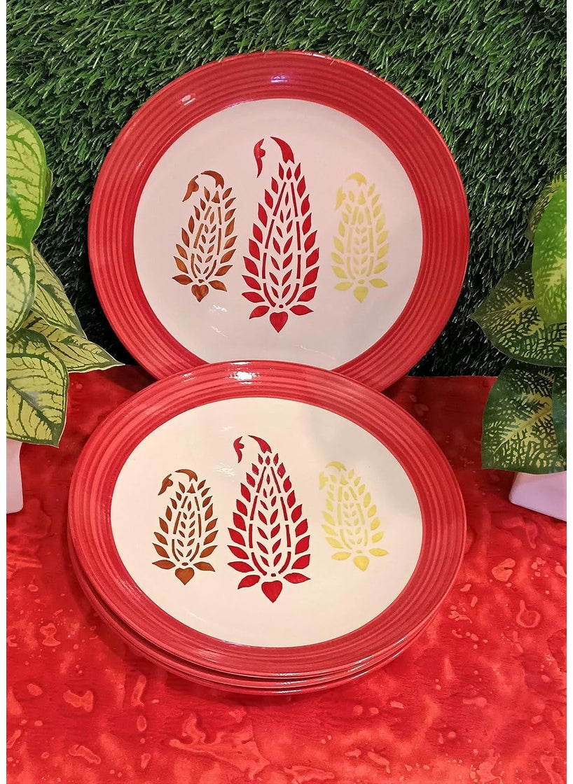 Caffeine - Caffeine Ceramic Stoneware Handmade Red Boota Combo Dinner Set of 8 Hand Painted Ceramic Dinner Plates with katori for Dinner Microwave Dishwasher Safe - Image 1