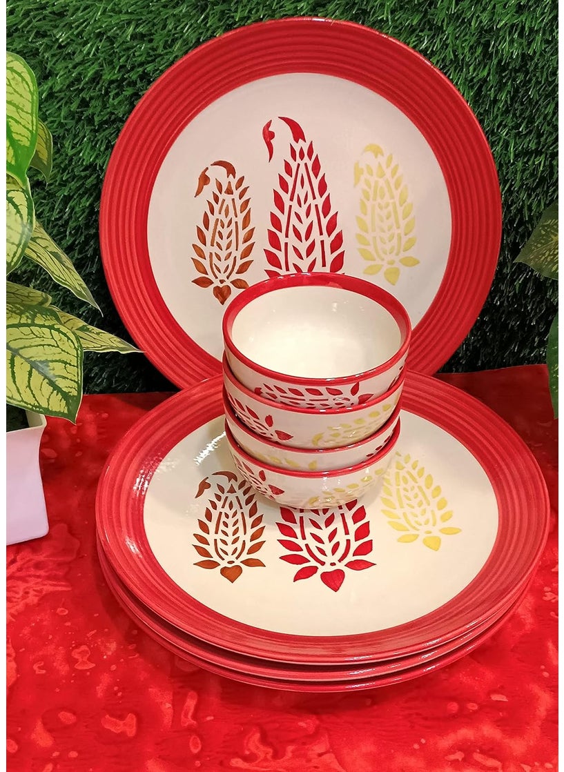 Caffeine - Caffeine Ceramic Stoneware Handmade Red Boota Combo Dinner Set of 8 Hand Painted Ceramic Dinner Plates with katori for Dinner Microwave Dishwasher Safe - Image 1