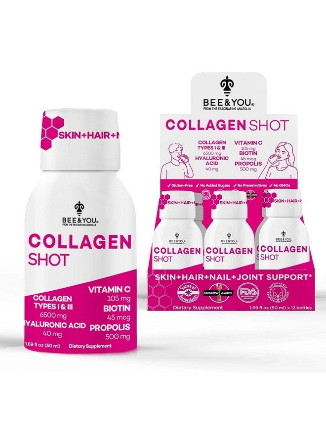 BEE & YOU Bee and You Collagen Liquid Shot Drink with Vitamin C, Propolis Extract, Hyaluronic Acid, Biotin, Promotes Skin, Hair, Nail and Joint Health, 1.69 fl. Oz x 12 Pack - Image 1
