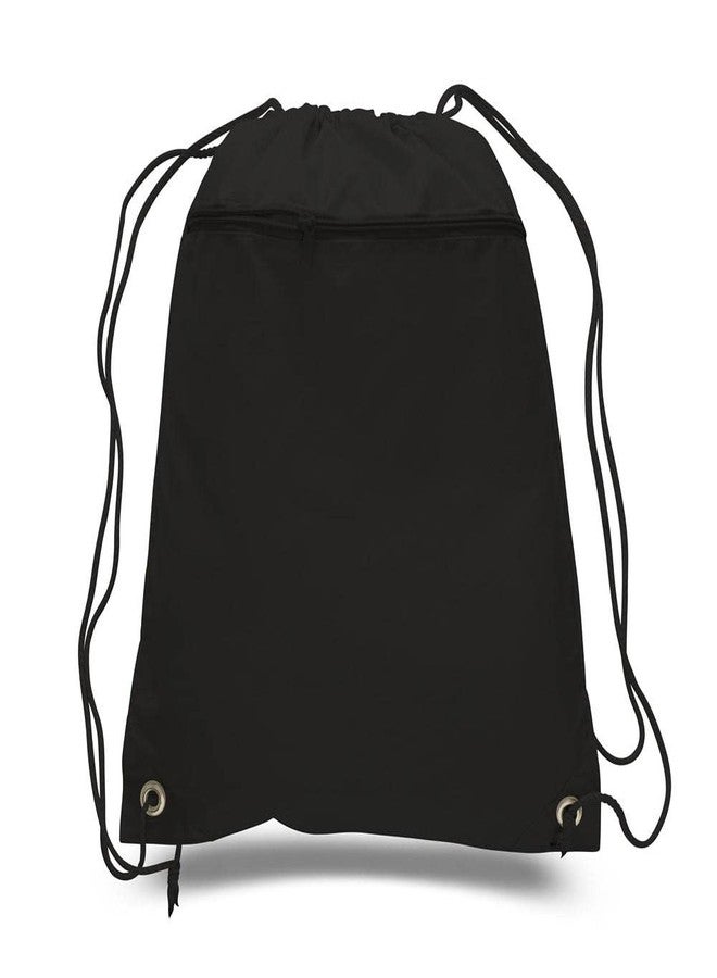 TBF (12 Pack) Set of 12 Durable Polyester Drawstring Backpack Bags with Front Zipper Pocket 15" W x 18" H (Black) - Image 2