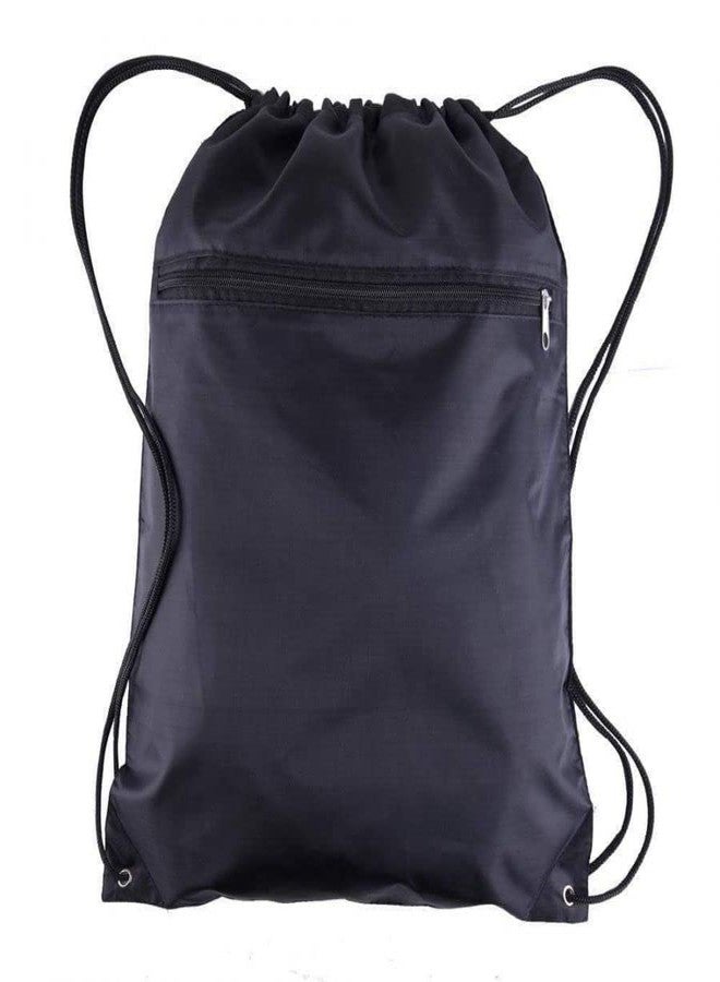 TBF (12 Pack) Set of 12 Durable Polyester Drawstring Backpack Bags with Front Zipper Pocket 15" W x 18" H (Black) - Image 1