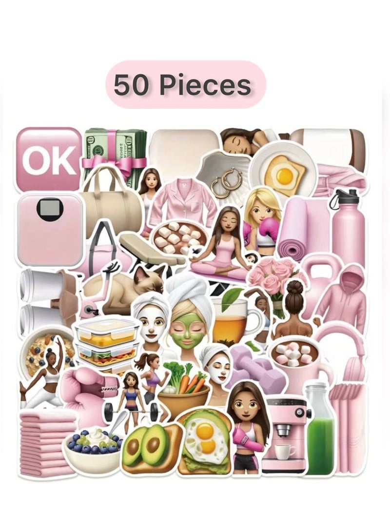Aura Style 50Pcs Fitness & Yoga Aesthetic Stickers for Girls, High-Quality Laptop & Water Bottle Decals for Healthy Lifestyle, Pink - Image 2