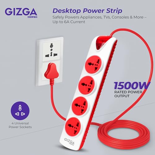Gizga Essentials 1500W/6A Multi Plug Extension Board with 4 Universal Sockets for Office & Home Appliances, Fuse Protector, Power Indicator, 1.5M Cord, Durable Switch, Flame Retardant Material - Image 2