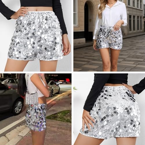 ZGMYC Women’s Sparkly Sequin Shorts Elastic Straight Leg High Waisted Glitter Party Shorts Clubwear Silver - Image 5