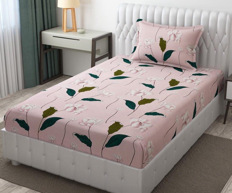 FRESH FROM LOOM Wrinkle Free Hypo-Allergenic Microfiber Single Bedsheet for Single Bed | Floral Design Bed Spread with 1 Pillow Covers (60x90 Inches | Flamingo, Leaf Design), Multicolor, 144 TC - Image 1