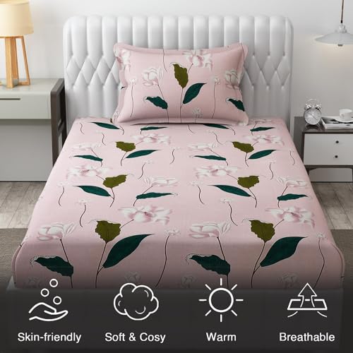 FRESH FROM LOOM Wrinkle Free Hypo-Allergenic Microfiber Single Bedsheet for Single Bed | Floral Design Bed Spread with 1 Pillow Covers (60x90 Inches | Flamingo, Leaf Design), Multicolor, 144 TC - Image 5