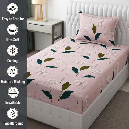 FRESH FROM LOOM Wrinkle Free Hypo-Allergenic Microfiber Single Bedsheet for Single Bed | Floral Design Bed Spread with 1 Pillow Covers (60x90 Inches | Flamingo, Leaf Design), Multicolor, 144 TC - Image 4