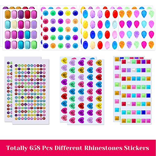 Selizo Craft Gems Self Adhesive Rhinestones Stickers Jewel Stickers Craft Jewels Stick On Gems Bling Crystal Diamond Stickers for Crafts, Assorted Shapes, Sizes and Colors (658Pcs, 14 Sheets) - Image 2