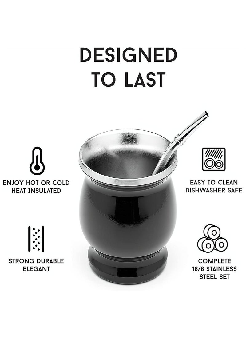 KASTWAVE Yerba Mate Tea Cup, Stainless Steel Double Walled Easy Wash Household Insulation Cup, Mate Gourds for Yerba Mate Loose Leaf Drinking with Bombilla Straw, Black, 230 Ml  - Image 4