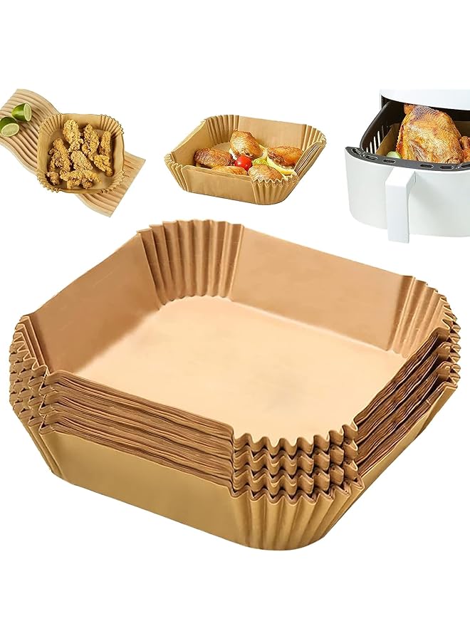 SKY-TOUCH 100 Pieces Square Air Fryer Disposable Paper Liners，Non Stick And Oil Proof Parchment Paper For Microwave And Gas Ovens，Square Food Grade Baking Paper For Air Fryer，16Cm 6.3Inch，Brown - Image 1