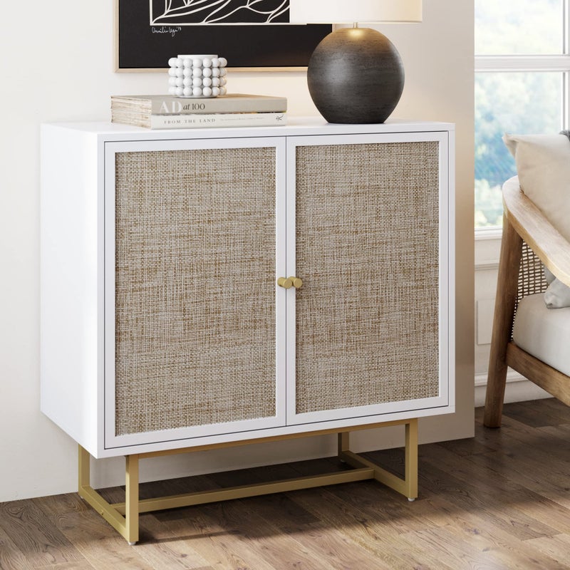 Nathan James Nathan James Kova Rattan Wood Accent Natural Sideboard Storage Cabinet with Matte Metal Frame Adjustable Interior Shelves and Cane Doors for Hallway Entryway or Living Room WhiteCaneBrass