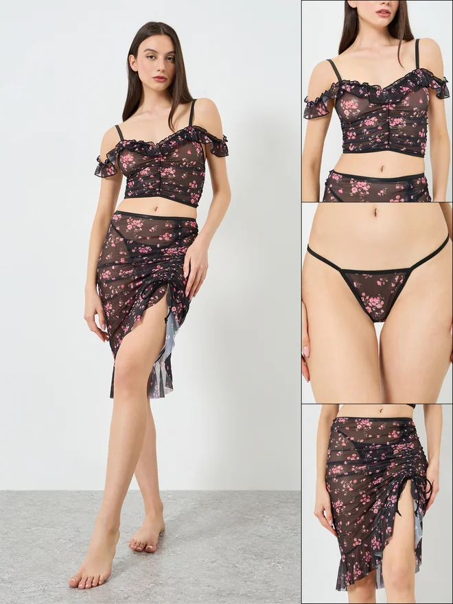 Styli Styli Floral Print Longline Top and Skirt with Thong Set