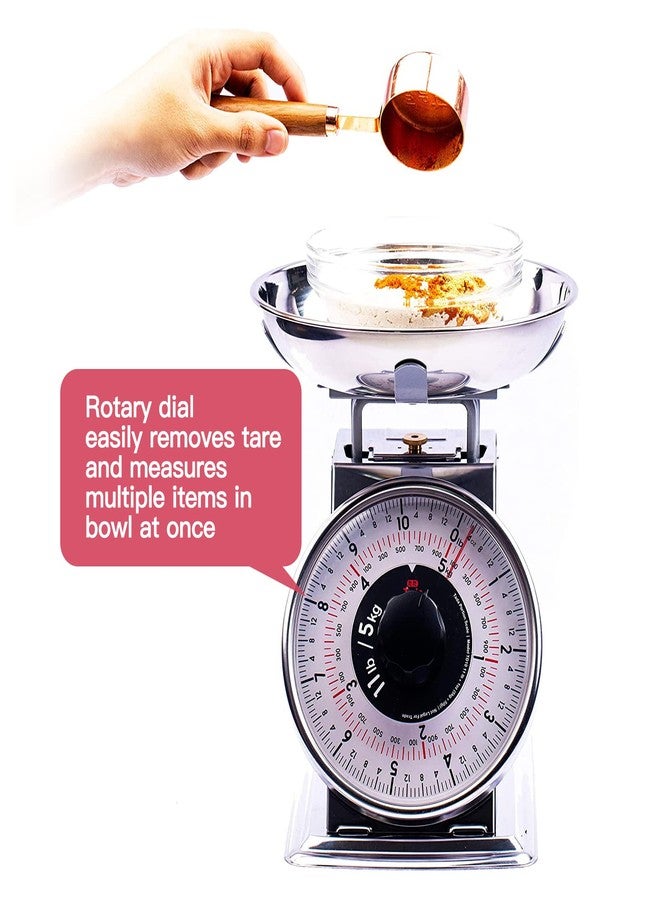 ta da Tada 11lb Analog Mechanical Kitchen Weighing Food Scale with Bowl, Tare Function, Retro Style, Stainless Steel - Image 2