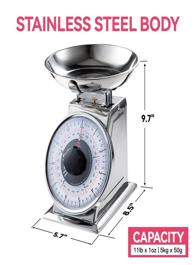 ta da Tada 11lb Analog Mechanical Kitchen Weighing Food Scale with Bowl, Tare Function, Retro Style, Stainless Steel - Image 5