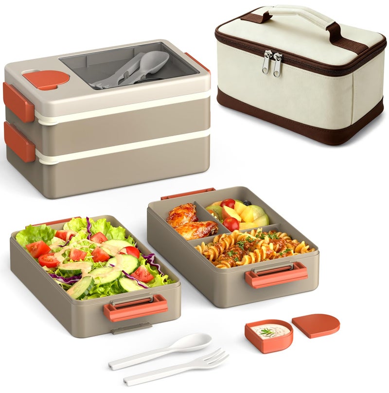 Sitlais Bento Box Adult Lunch Box â€“ 2-Layer Stackable Lunch Container with Utensils & Insulated Bag, 67oz Large Capacity, Leakproof & Microwave Safe, BPA-Free Bento Lunch Box for Work, Gym, Outdoor (Khaki) - Image 1