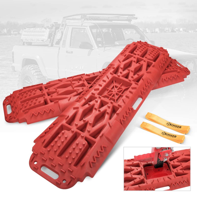 BUNKER INDUST BUNKER INDUST Offroad Traction Boards with Jack Lift Base Mud Sand Tracks Snow Tire Traction Mat Recovery Ramp for 4X4 Jeep Truck SUV ATV UTV Pair Red Traction Pads 