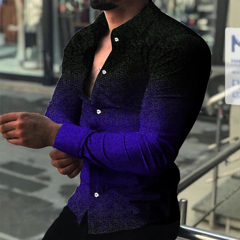 Men's Gradient Print Button-Down Long Sleeve Shirt - Image 3